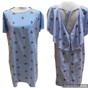 Buffalo David Bitton Blue & White Pin Striped Shift Cherries Sz L Mini